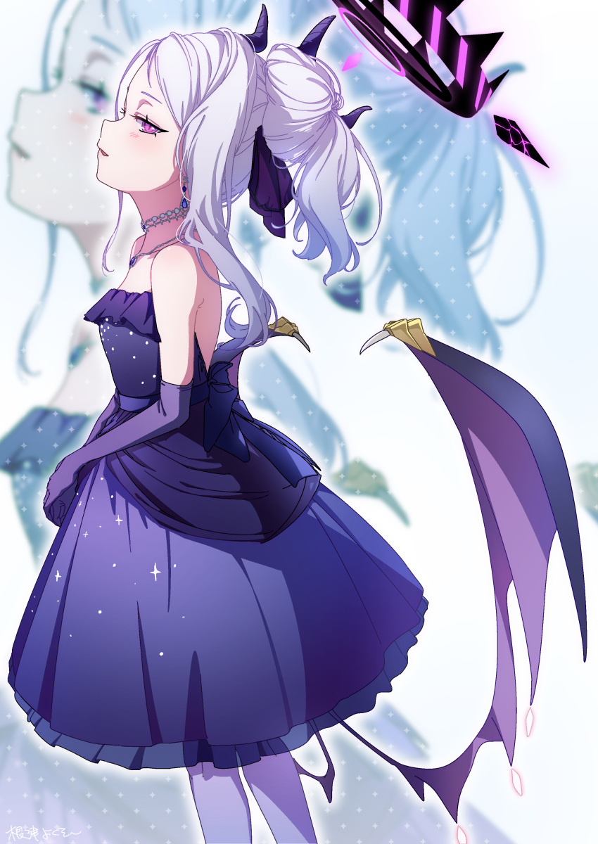 1girl absurdres bare_shoulders blue_archive blue_gemstone demon_horns demon_wings dress earrings elbow_gloves from_side gem gloves hair_bun halo highres hina_(blue_archive) hina_(dress)_(blue_archive) horns jewelry multiple_horns necklace official_alternate_costume open_mouth pantyhose purple_dress purple_eyes purple_gloves purple_pantyhose solo strapless strapless_dress white_hair wings yoku_soy zoom_layer