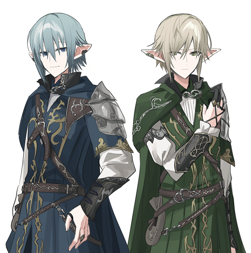 2boys armor blue_cape blue_eyes brown_hair cape chihuri closed_mouth collared_shirt final_fantasy final_fantasy_xiv finger_cots green_cape grey_hair hair_between_eyes hair_over_one_eye hand_up haurchefant_greystone highres long_sleeves male_focus multiple_boys pauldrons pointy_ears puffy_long_sleeves puffy_sleeves shirt shoulder_armor simple_background single_pauldron smile white_background white_shirt zephirin_de_valhourdin