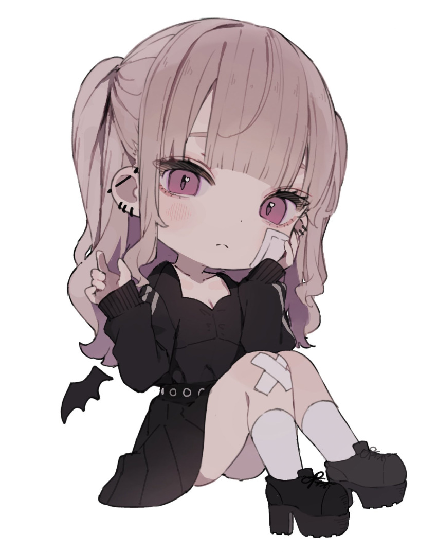 1girl bandaid bandaid_on_face bandaid_on_knee bandaid_on_leg barbell_piercing black_shirt black_skirt blush daluto_(hitomi555) detached_wings ear_piercing full_body grey_hair highres industrial_piercing long_hair looking_at_viewer mini_wings original piercing pink_eyes platform_footwear platform_heels shirt simple_background sitting skirt solo white_background wings