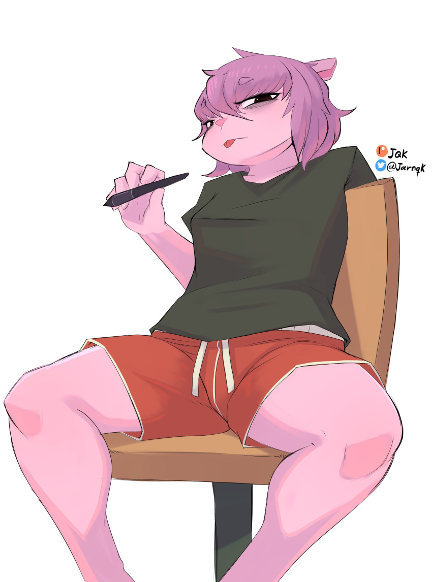 2024 absurd_res anthro blep bottomwear chair clothed clothing digital_drawing_(artwork) digital_media_(artwork) eye_bags female fully_clothed fur furniture hair hi_res holding_object holding_pen jarnqk looking_at_viewer mammal mink mustelid musteline pen pink_body pink_fur purple_hair red_bottomwear red_clothing red_shorts robin_(jarnqk) shirt shorts signature simple_background sitting solo spread_legs spreading t-shirt tongue tongue_out topwear true_musteline white_background