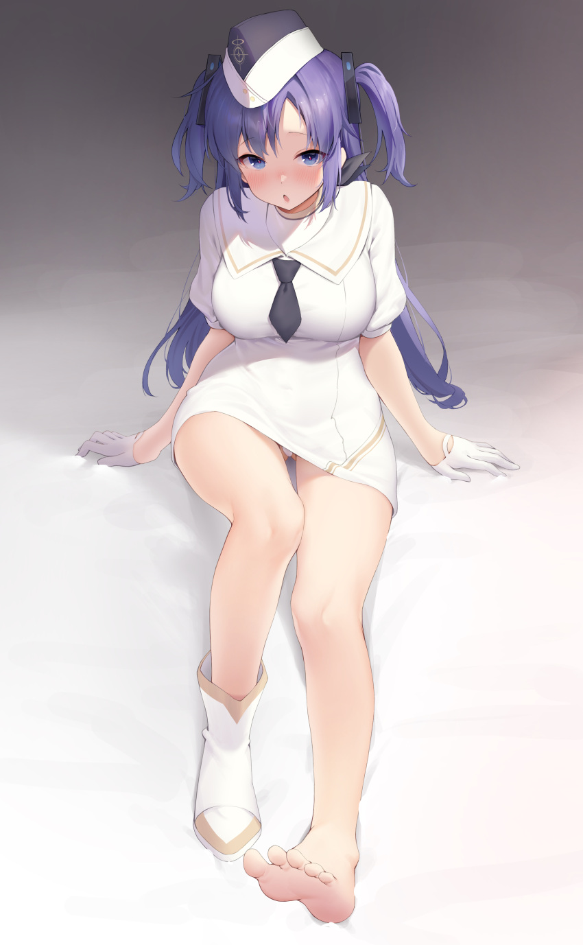 1girl absurdres ajoe_(hakuha_k) arm_support bed_sheet blue_archive blue_eyes blue_hair blush commentary_request dress full_body gloves highres long_hair looking_at_viewer open_mouth panties pantyshot parted_bangs puffy_short_sleeves puffy_sleeves short_sleeves single_barefoot sitting solo thighs toes triangle_hair_ornament two_side_up underwear white_dress white_footwear white_gloves white_panties yuuka_(blue_archive)