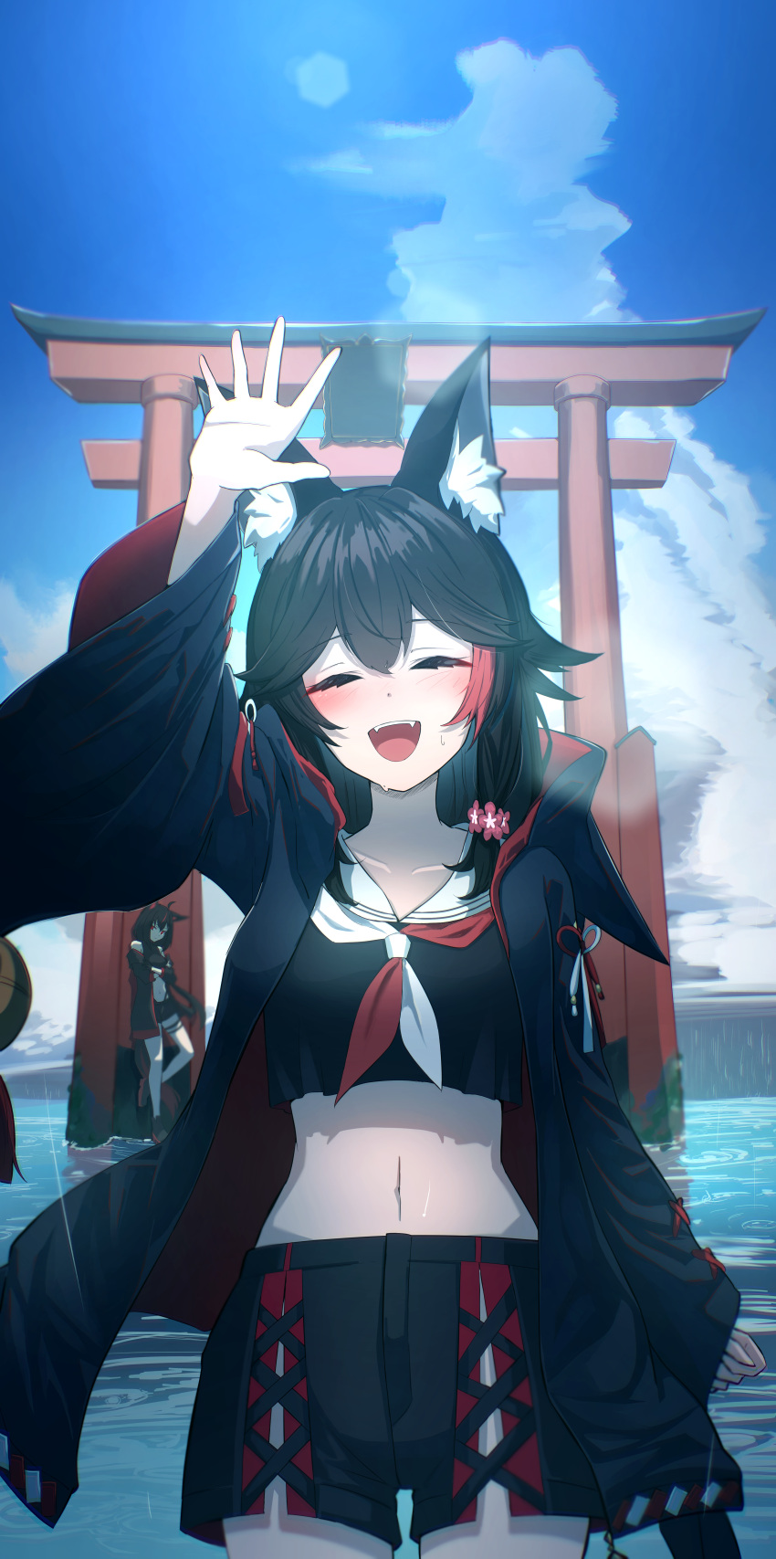 2girls absurdres ahoge animal_ear_fluff animal_ears bell black_hair black_jacket black_shirt black_shorts blue_sky braid closed_eyes cloud cowboy_shot cumulonimbus_cloud flower fox_ears fox_girl fox_tail hair_flower hair_ornament hand_up highres hololive jacket kurokami_fubuki leaning_on_object long_hair long_sleeves looking_at_viewer midriff multicolored_clothes multicolored_hair multicolored_jacket multiple_girls navel neckerchief necktie ookami_mio open_mouth outdoors red_eyes red_hair red_ribbon ribbon shirt shorts single_braid sky smile sunlight tail tail_around_own_leg thighs two-tone_hoodie two-tone_jacket virtual_youtuber water_drop waving white_ribbon wolf_ears wolf_girl wolf_tail yoihami_294