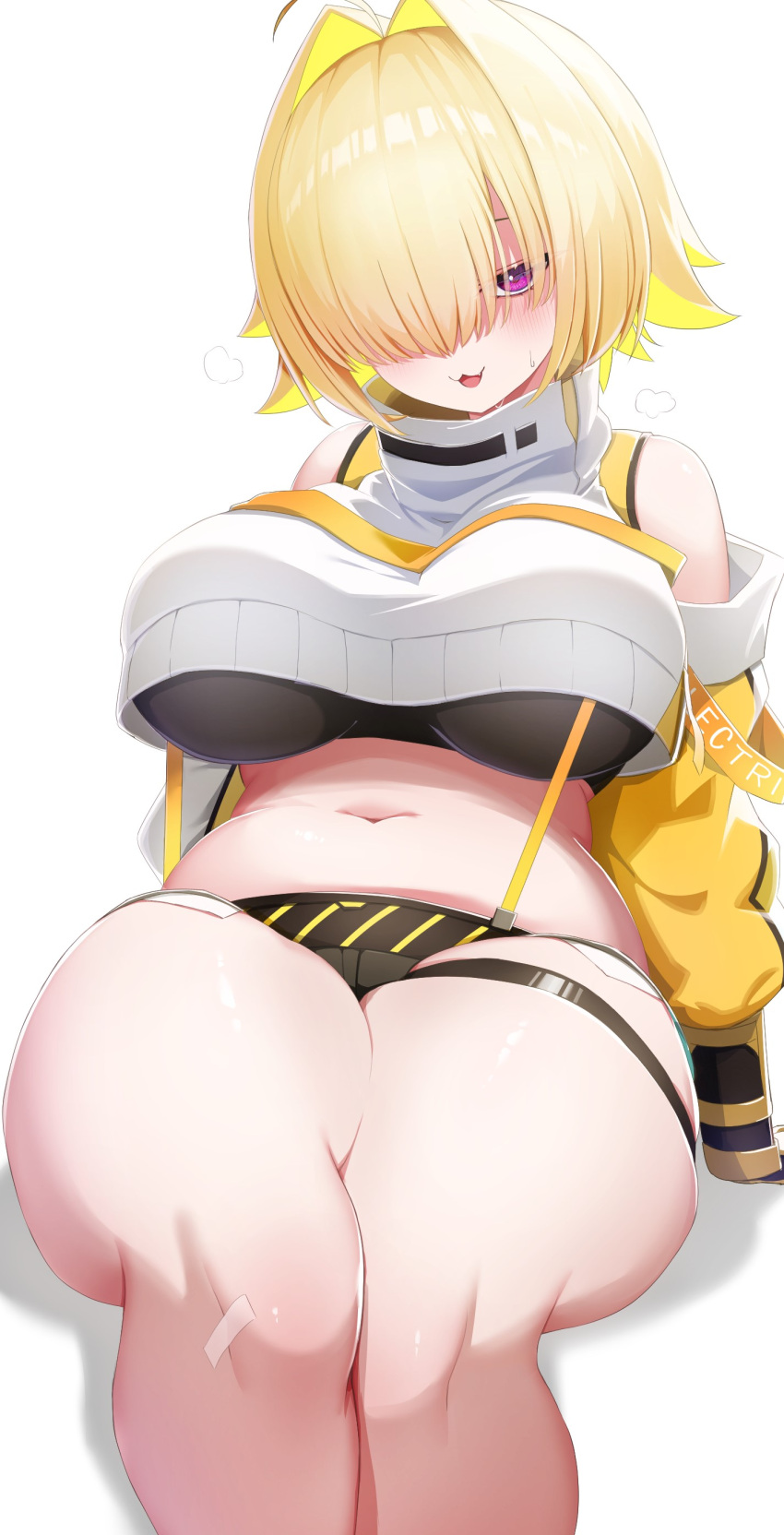 1girl :3 absurdres ahoge arm_support bare_shoulders blonde_hair blush breasts elegg_(nikke) eyes_visible_through_hair feet_out_of_frame goddess_of_victory:_nikke hair_intakes hair_over_eyes head_tilt highres large_breasts lelex long_bangs looking_at_viewer multicolored_hair navel parted_lips plump puff_of_air purple_eyes shadow simple_background sitting solo suspenders thick_thighs thighs two-tone_hair white_background