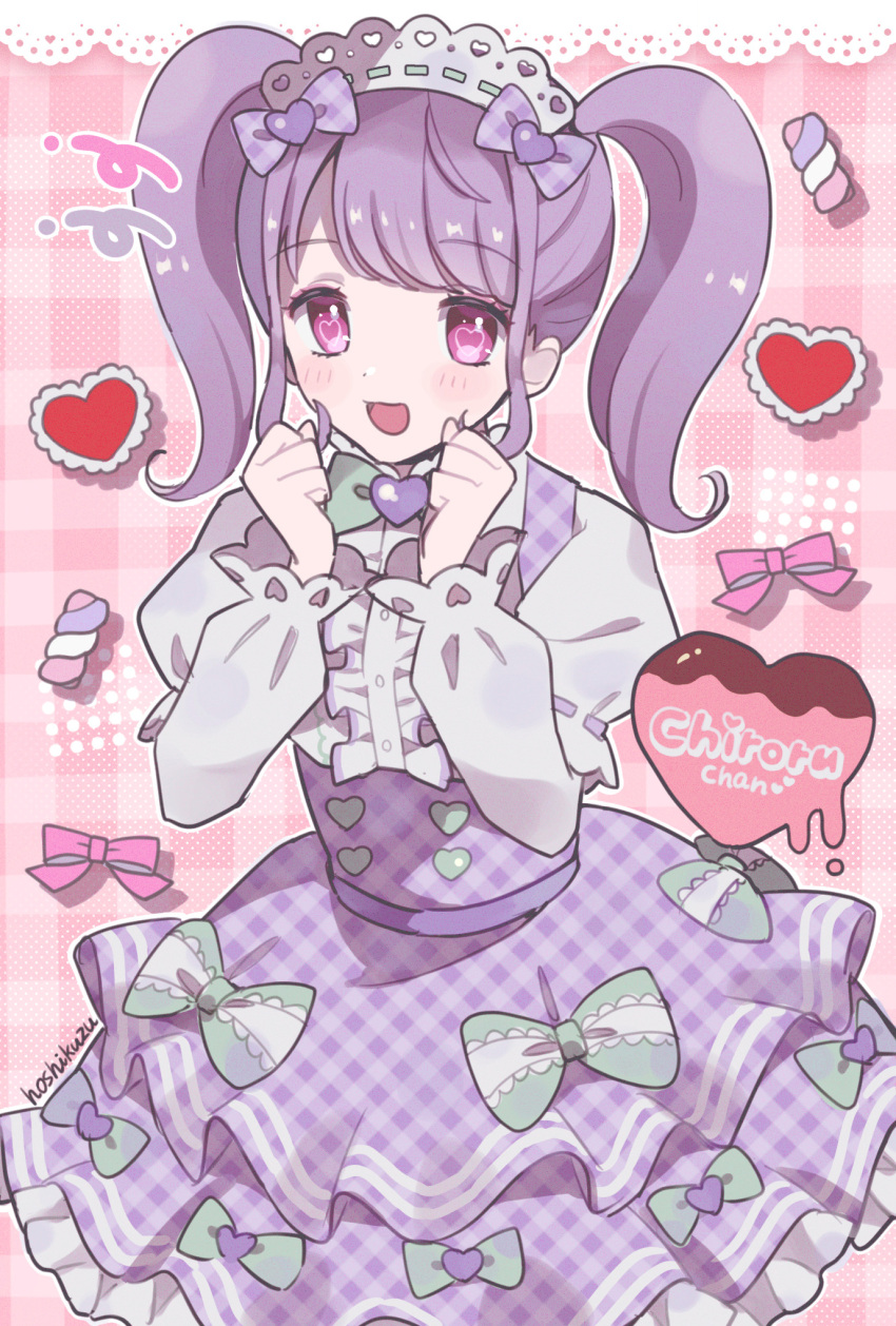 1girl :d bow center_frills chocolate cowboy_shot dress food frills green_bow grey_shirt hands_up heart highres hoshikuzu_(pinkholic) long_hair long_sleeves looking_at_viewer maid_headdress marshmallow open_mouth original pink_background pink_eyes plaid plaid_dress pretty_series pripara puffy_sleeves purple_bow purple_dress shirt smile solo standing twintails