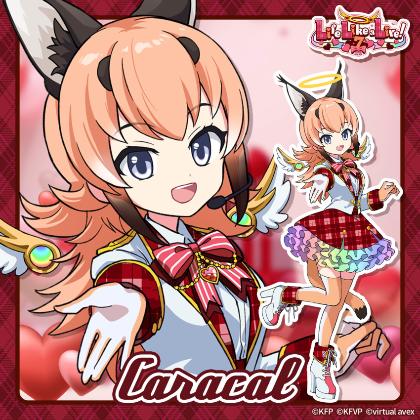 1girl angel angel_wings animal_ears blue_eyes boots bow bowtie caracal_(kemono_friends) cat_ears cat_girl cat_tail extra_ears full_body gloves heart highres jacket kemono_friends kemono_friends_v_project lifelikealive long_hair looking_at_viewer microphone official_art orange_hair pink_background shirt simple_background skirt solo tail thighhighs upper_body virtual_youtuber wings