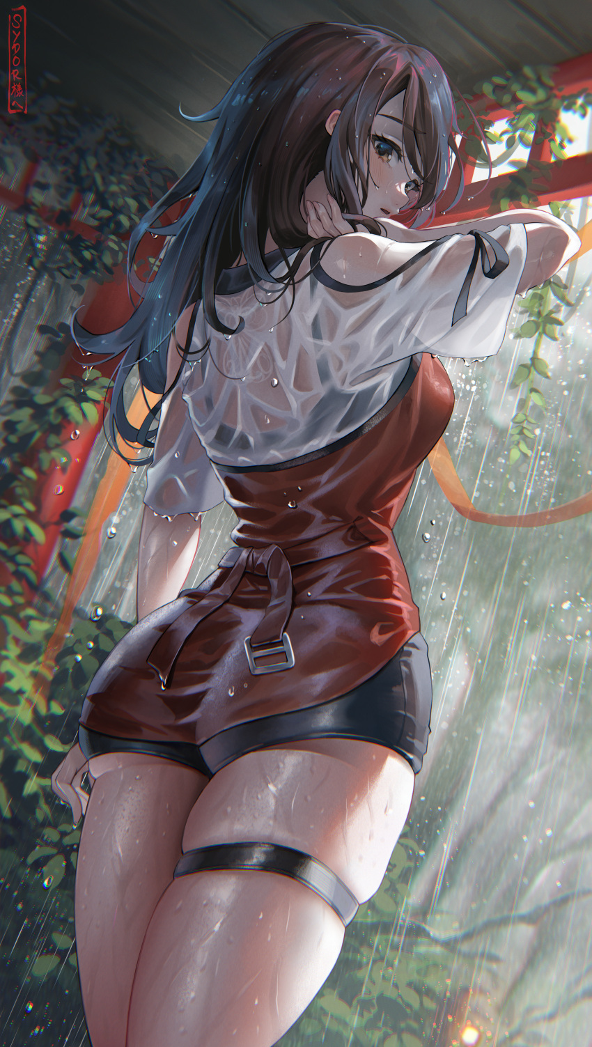 1girl absurdres arm_up ass back black_bra black_shorts blush bra bra_visible_through_clothes breasts brown_eyes brown_hair commentary_request elocca facing_away fatal_frame hand_in_own_hair highres kozukata_yuuri leaf light long_hair looking_at_viewer looking_back medium_breasts parted_lips plant rain red_shirt see-through see-through_shirt shirt short_shorts shorts skindentation thighs tree underbutt underwear vines water_drop wet wet_clothes wet_hair white_shirt