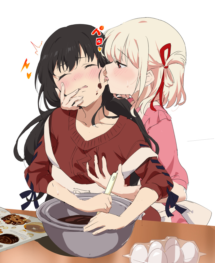 2girls apron black_hair blonde_hair blush bowl chocolate chocolate_making collarbone food food_on_face frilled_shirt frills grabbing grabbing_another's_breast hair_ribbon highres holding holding_spatula inoue_takina licking licking_ear long_hair low_twintails lycoris_recoil multiple_girls nishikigi_chisato one_side_up open_mouth or2_(sahr7857) pink_shirt purple_eyes red_eyes red_ribbon red_sweater ribbon shirt short_hair simple_background sleeves_past_elbows spatula sweatdrop sweater tongue tongue_out twintails valentine white_apron white_background yuri