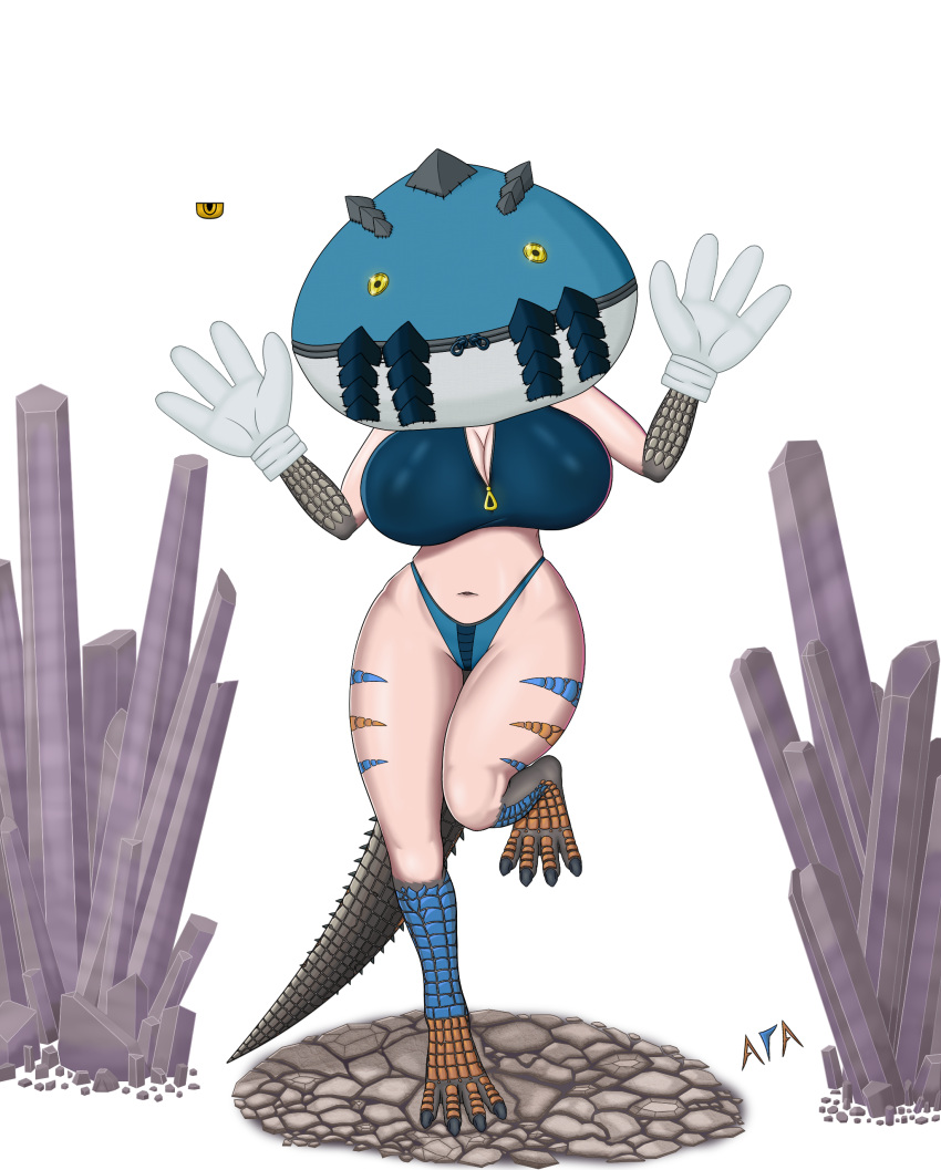absurd_res animal_humanoid animal_tail atranar_inferno big_breasts blue_clothing blue_panties blue_stripes blue_topwear blue_underwear breasts brown_body brown_scales brown_stripes capcom claws cleavage clothed clothing crystal dodogama fanged_wyvern female front_view gloves grey_body grey_claws grey_clothing grey_gloves grey_handwear grey_scales handwear hi_res huge_breasts humanoid lizard_humanoid looking_at_viewer mascot_costume monster_hunter navel on_one_leg panties raised_arms reptile reptile_humanoid scales scalie scalie_humanoid simple_background solo standing stripes tail tailed_humanoid tan_body tan_skin thick_thighs topwear underwear white_background wide_hips zipper