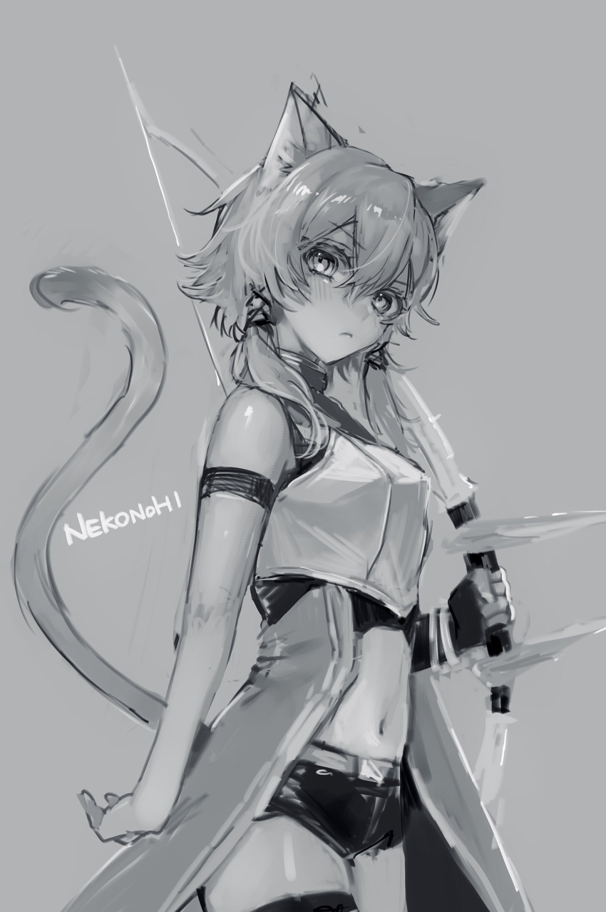 1girl absurdres animal_ears armor bow_(weapon) breastplate breasts cat_ears cat_girl cat_tail greyscale hair_ribbon hibiya_saeki highres holding holding_bow_(weapon) holding_weapon medium_breasts midriff monochrome navel ribbon short_hair short_hair_with_long_locks short_shorts shorts sidelocks sinon sinon_(sao-alo) sketch solo stomach sword_art_online tail weapon