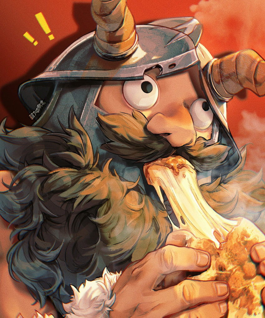 ! !! 1boy beard black_hair cheese_trail dungeon_meshi dwarf eating facial_hair fake_horns food helmet highres holding holding_food horned_helmet horns male_focus mustache portrait red_background ruoliang senshi_(dungeon_meshi) solo steam