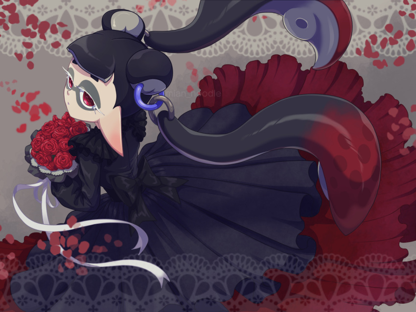 1girl black_dress black_hair bouquet domino_mask dress flower from_behind grey_background half-closed_eyes jessika_(splatoon) long_sleeves looking_at_viewer mask mian_noodle petals pointy_ears red_eyes red_flower red_hair red_rose rose solo splatoon_(series) splatoon_3 suction_cups tentacle_hair twintails