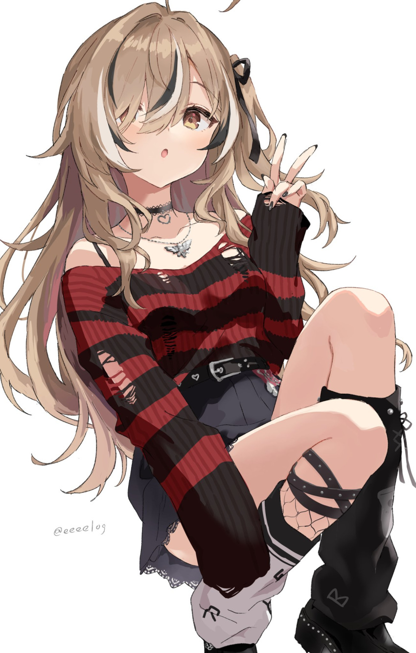 1girl :o ahoge arm_at_side bare_shoulders belt black_belt black_nails black_ribbon black_skirt black_socks black_sweater blush brown_eyes brown_hair collarbone full_body h_(eitilog) hair_intakes hair_over_one_eye hair_ribbon hand_up high-waist_skirt highres hololive jewelry knee_up long_hair long_sleeves looking_at_viewer loose_socks mismatched_socks multicolored_hair nail_polish nanashi_mumei neck_garter off-shoulder_sweater off_shoulder one_eye_covered open_mouth pendant pleated_skirt red_sweater ribbed_sweater ribbon simple_background skirt sleeves_past_fingers sleeves_past_wrists socks solo squatting streaked_hair striped_clothes striped_sweater studded_belt sweater torn_clothes torn_sweater two-tone_sweater virtual_youtuber w white_background white_hair white_socks