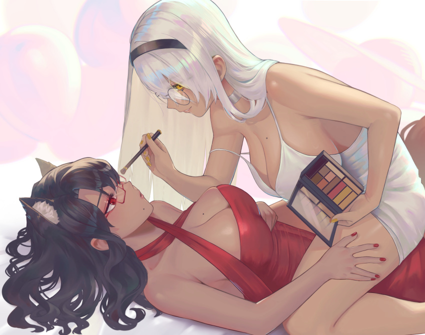 2girls animal_ear_fluff animal_ears applying_makeup black_hair black_hairband breasts cleavage commission criss-cross_halter dark-skinned_female dark_skin dress eyelashes glasses grey_choker hairband halterneck hand_on_another's_thigh highres large_breasts lips long_hair mole mole_on_breast mole_on_cheek multiple_girls original parted_lips red-framed_eyewear red_dress red_eyes red_nails round_eyewear rushian skeb_commission strap_slip white_dress white_hair yellow_eyes yellow_nails yuri