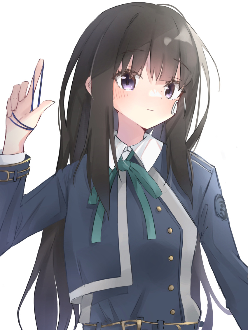 1girl absurdres bandage_on_face bandages belt black_hair blue_shirt bow bowtie buttons closed_mouth collared_shirt dot_nose fertilizerrrr green_bow green_bowtie hand_up highres holding index_finger_raised inoue_takina light_smile long_hair long_sleeves looking_at_viewer lycoris_recoil lycoris_uniform purple_eyes rubber_band shirt sidelocks simple_background solo upper_body white_background