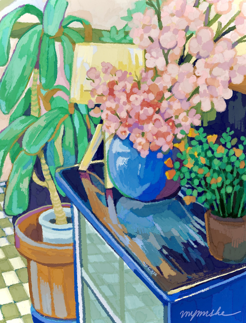 absurdres commentary_request flower flower_focus flower_pot highres indoors leaf miyamori_she no_humans original pink_flower plant plant_focus potted_plant reflection signature still_life tile_floor tiles