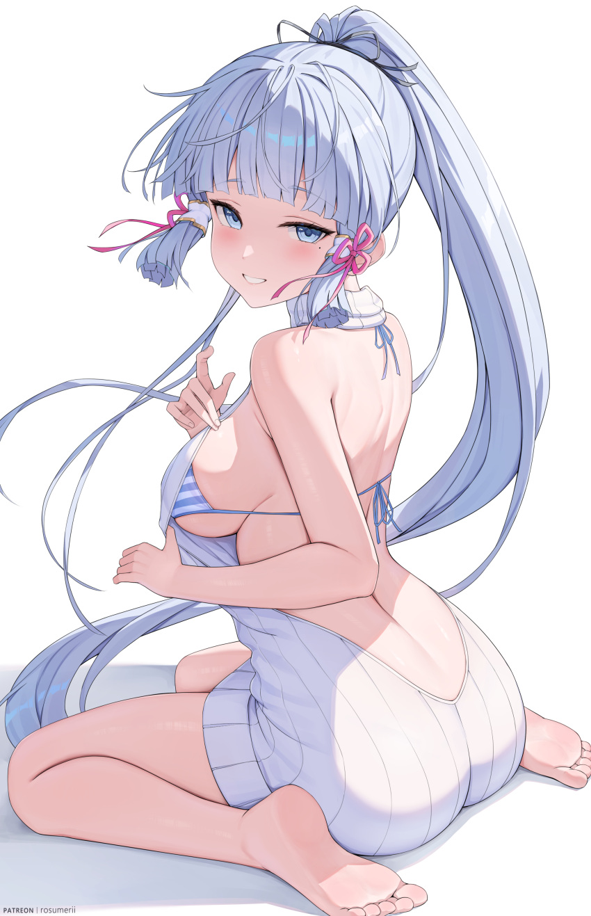 1girl absurdres ass back backless_outfit bare_shoulders barefoot bikini bikini_under_clothes blue_bikini blue_eyes blue_hair blush breasts from_behind genshin_impact hair_ribbon hair_tubes highres kamisato_ayaka large_breasts light_blue_hair looking_at_viewer looking_back meme_attire mole mole_under_eye patreon_username pink_ribbon ponytail ribbon rosumerii sideless_sweater simple_background sitting smile solo sweater swimsuit toes virgin_killer_sweater wariza white_background white_sweater