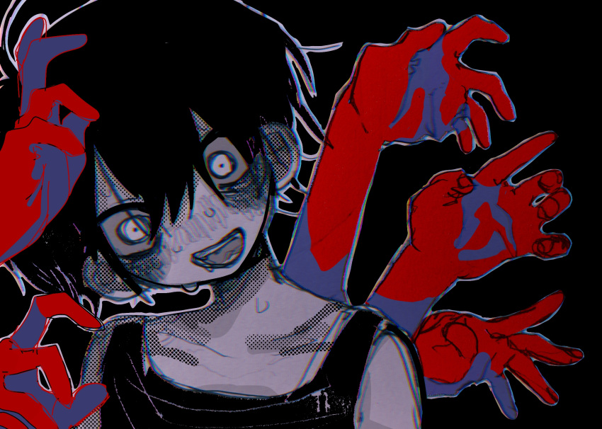 1boy black_background black_hair black_tank_top collarbone colored_skin hair_between_eyes head_tilt highres kobanzame_omo looking_at_viewer male_focus no_eyebrows official_alternate_eye_color omori omori_(omori) open_mouth outline short_hair sleeveless smile solo sweat tank_top teeth upper_teeth_only white_eyes white_outline white_skin