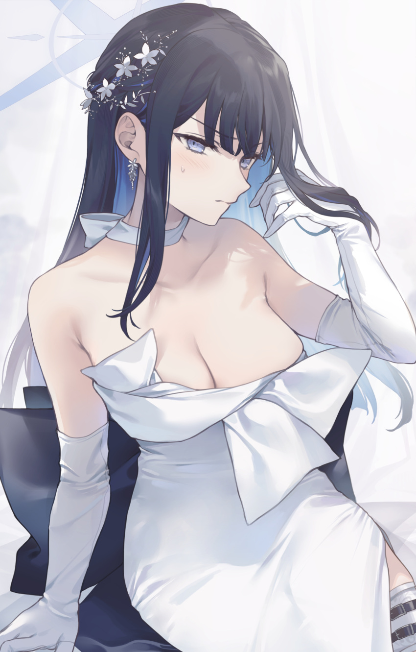 1girl bare_shoulders black_hair blue_archive blue_hair breasts cleavage closed_mouth dress elbow_gloves flower gloves grey_eyes hair_flower hair_ornament halo hand_up highres large_breasts long_hair looking_at_viewer multicolored_hair official_alternate_costume saori_(blue_archive) saori_(dress)_(blue_archive) shiidap sitting solo sweat thighhighs two-tone_hair white_dress white_gloves white_thighhighs