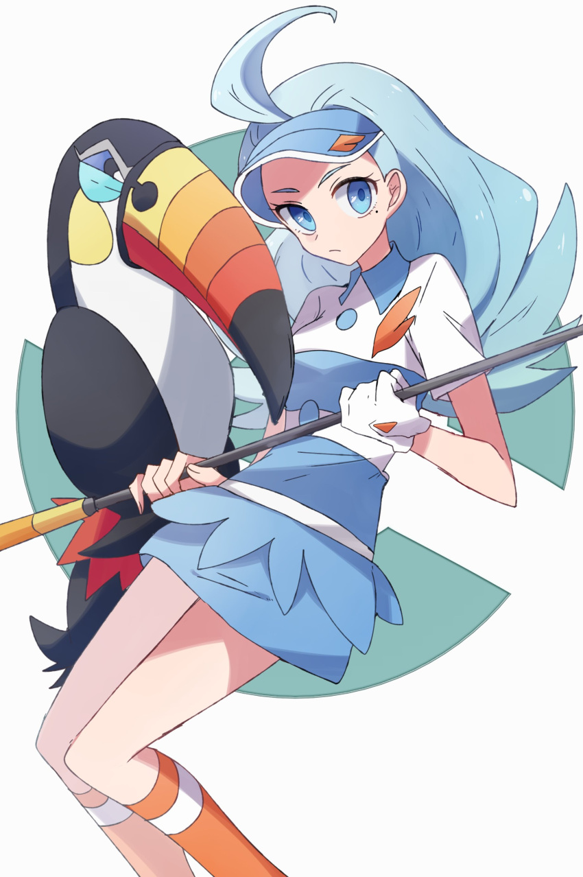 1girl absurdres ahoge bird blue_eyes blue_hair blue_headwear blue_skirt breasts buttons collared_shirt flipped_hair golf_club highres holding holding_golf_club kahili_(pokemon) kneehighs light_blue_hair long_hair mole mole_under_eye nanashiba_(banntlla) orange_socks pencil_skirt poke_ball_symbol pokemon pokemon_(creature) pokemon_sm shirt short_sleeves skirt socks striped_clothes striped_shirt toucan toucannon visor_cap