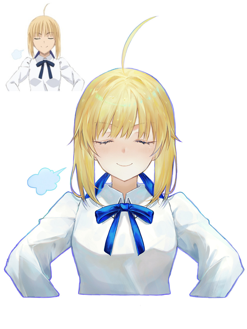 1girl absurdres ahoge artoria_pendragon_(fate) blonde_hair blue_ribbon breasts closed_eyes collared_shirt facing_viewer fate/stay_night fate_(series) highres long_sleeves looking_at_viewer multiple_views neck_ribbon nigiri photo-referenced ribbon saber_(fate) shirt short_hair