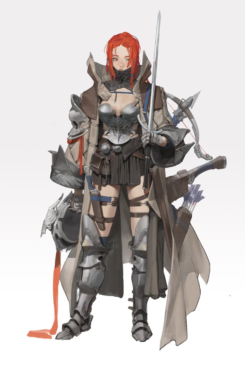 1girl absurdres armor armored_boots armored_gloves belt_pouch boots braid breastplate breasts coat crossbow english_commentary full_body gradient_background helmet high_collar highres holding holding_helmet holding_sword holding_weapon knife knight long_coat mole mole_under_eye multiple_moles multiple_weapons muskdeer mystical_high_collar original pouch quiver red_hair scabbard sheath sheathed single_braid skirt sword thigh_boots thigh_sheath thigh_strap weapon white_background
