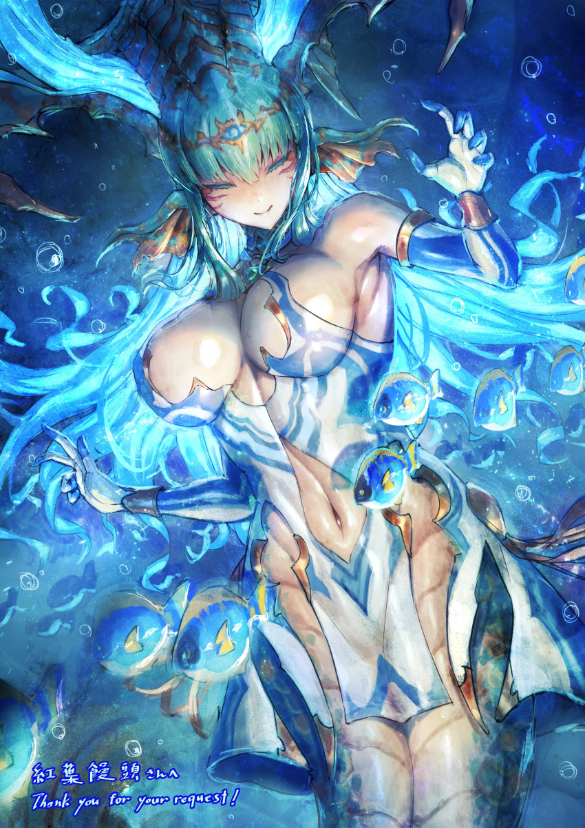 1girl absurdres aqua_hair blue_hair bracelet breasts bubble closed_eyes clothing_cutout colored_eyelashes commission elbow_gloves gloves gradient_hair green_hair highres horns jewelry large_breasts mermaid monster_girl multicolored_hair navel navel_cutout nekoemonn original solo underwater