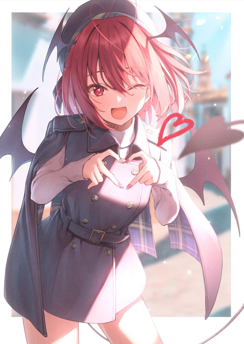 1girl :d belt beret black_belt black_capelet black_dress black_headwear blurry blurry_background blush border buttons capelet character_request contrapposto copyright_request cowboy_shot demon_wings double-breasted dress greenkohgen hands_up hat head_wings heart heart-shaped_pupils heart_hands highres legs_apart long_sleeves looking_at_viewer nail_polish open_mouth outside_border pink_nails plaid_capelet red_eyes red_hair shirt short_dress short_hair smile symbol-shaped_pupils thighs two-sided_capelet white_border white_shirt wings