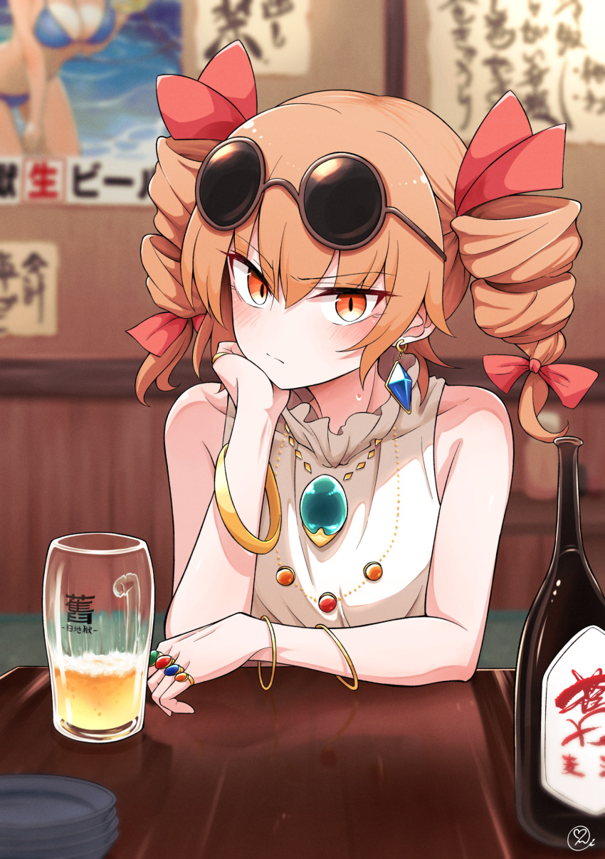 1girl alcohol bangle beer beer_mug blurry blurry_background blush bracelet bromide cup depth_of_field drill_hair eyewear_on_head hand_on_own_cheek hand_on_own_face highres jewelry komeiji_satori looking_at_viewer mug orange_hair poster_(object) restaurant scavia10 sunglasses touhou twintails yorigami_jo'on