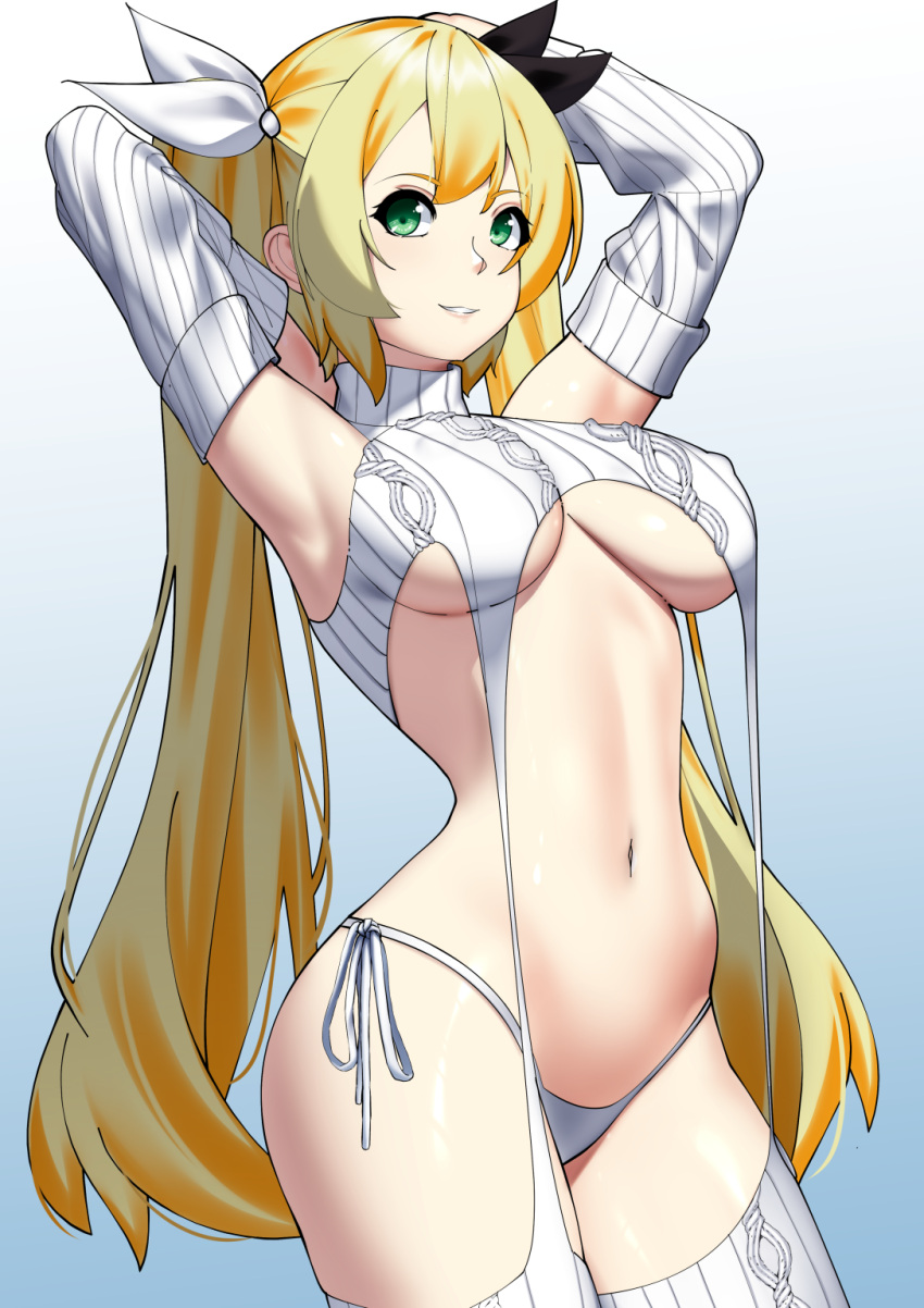 1girl armpits arms_up breasts detached_sleeves dokibird_(vtuber) english_commentary green_eyes grey_background handsofmidaz highres indie_virtual_youtuber long_hair long_sleeves looking_at_viewer medium_breasts meme_attire navel parted_lips simple_background smile solo standing twintails underboob virgin_destroyer_sweater virtual_youtuber