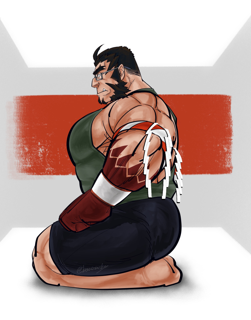 1boy absurdres alternate_costume bara black_shorts colored_skin forked_eyebrows full_body glasses gradient_skin green_tank_top hachimaki hairy headband highres huge_pectorals looking_ahead male_focus mature_male muscular muscular_male mutton_chops nejiri_hachimaki pectorals profile red_skin seiza short_hair shorts sidepec sitting solo taigaabozusukii tajikarao_(housamo) tank_top thick_eyebrows tokyo_afterschool_summoners tusks two-tone_background