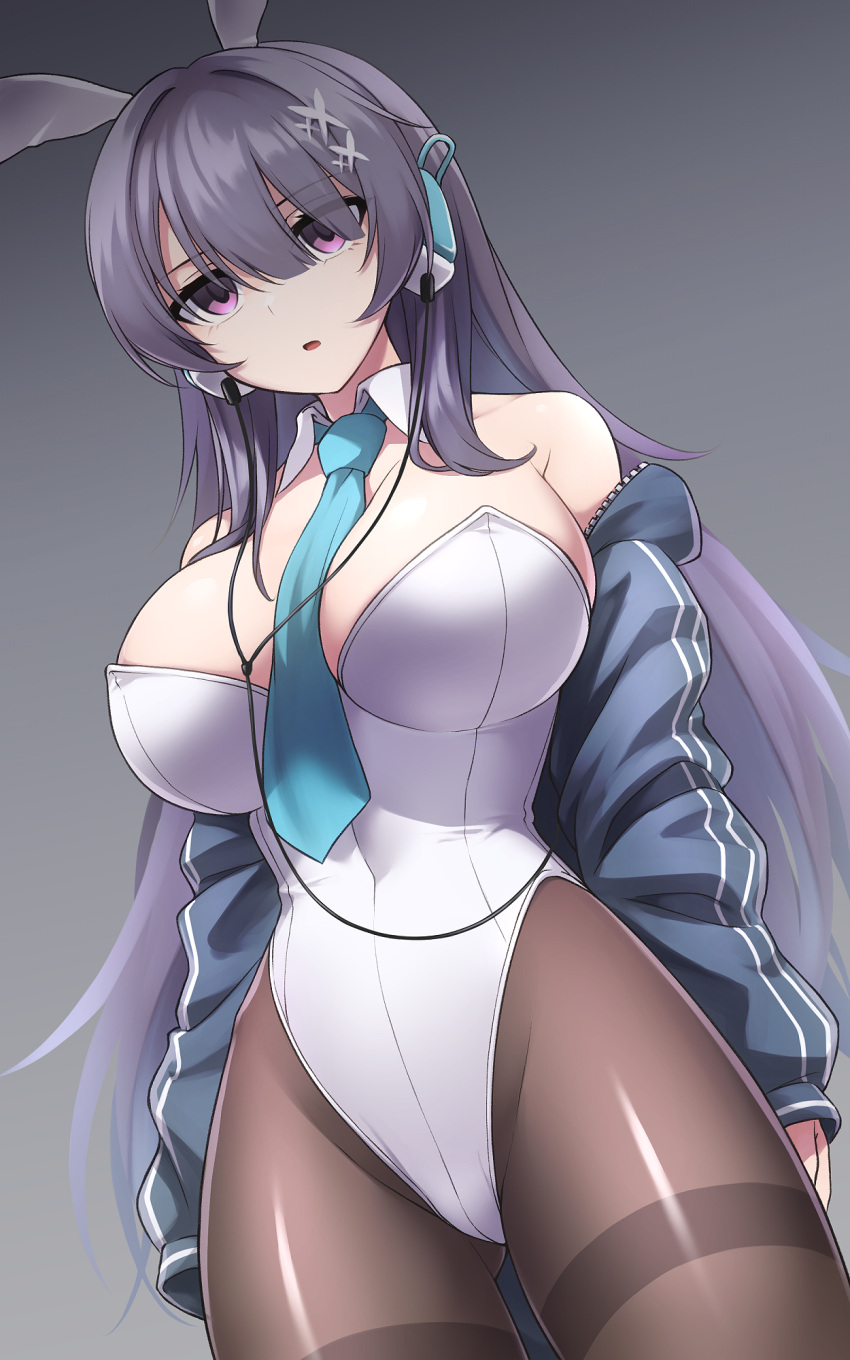 1girl animal_ears breasts counter:side detached_collar fake_animal_ears grey_hair highleg highleg_leotard highres jacket jin_bora_(counter:side) large_breasts leotard necktie open_clothes open_jacket pantyhose pataneet playboy_bunny purple_eyes rabbit_ears rabbit_tail solo strapless strapless_leotard tail white_leotard