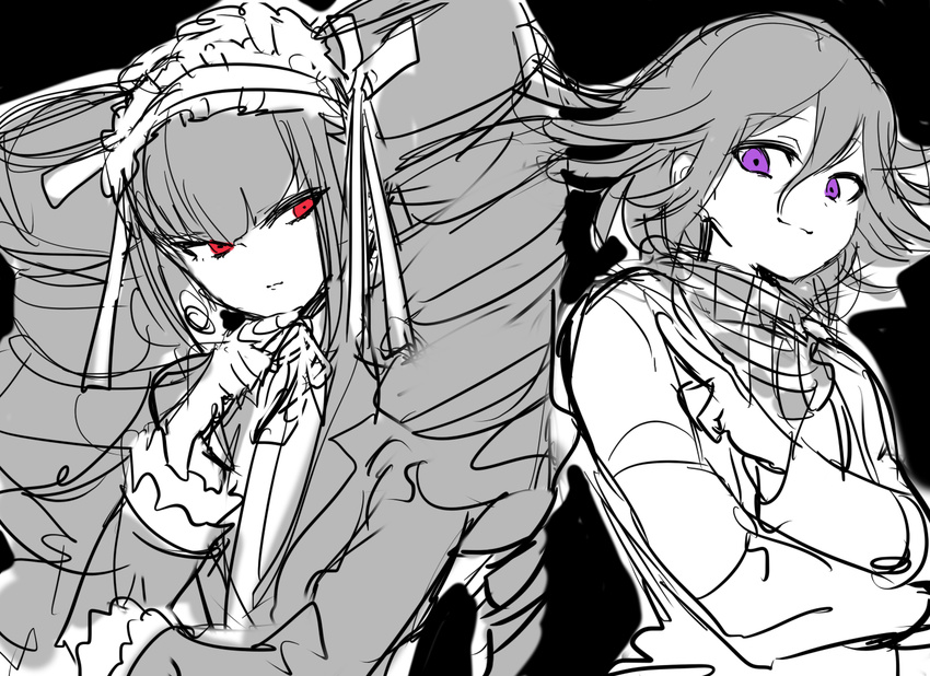 1boy 1girl bangs celestia_ludenberck checkered_scarf danganronpa danganronpa_1 dress duo headdress long_hair new_danganronpa_v3 ouma_kokichi purple_eyes red_eyes ribbon scarf shirt short_hair side_bangs smile suurin_(ksyaro) tied_hair twintails