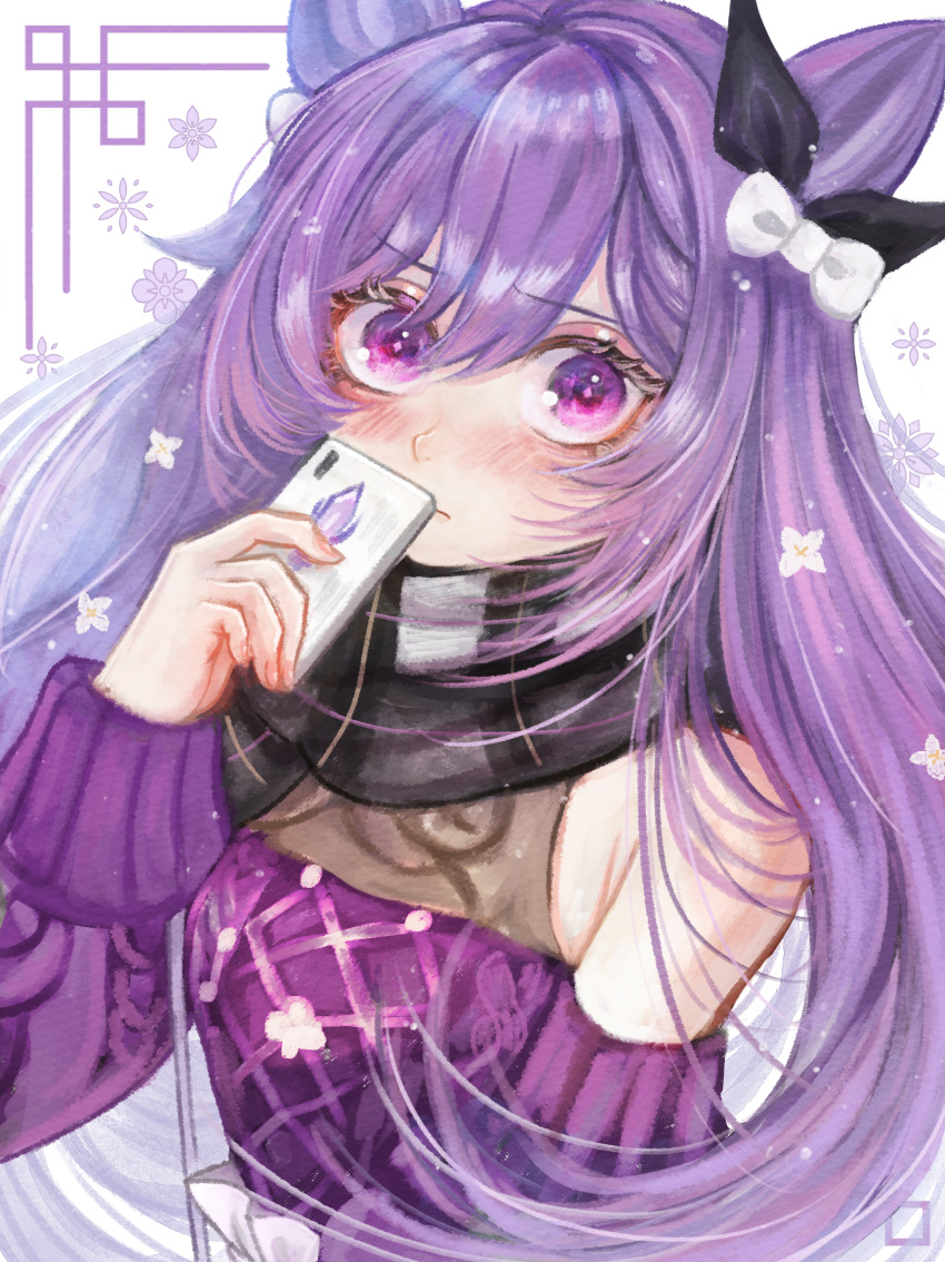 1girl absurdres bare_shoulders black_ribbon black_scarf bow cellphone cone_hair_bun genshin_impact hair_bow hair_bun hair_ribbon highres holding holding_phone keqing_(genshin_impact) keqing_(lantern_rite)_(genshin_impact) long_hair long_sleeves looking_at_viewer phone purple_eyes purple_hair purple_sweater ribbon saigasai scarf smartphone solo sweater upper_body very_long_hair white_bow