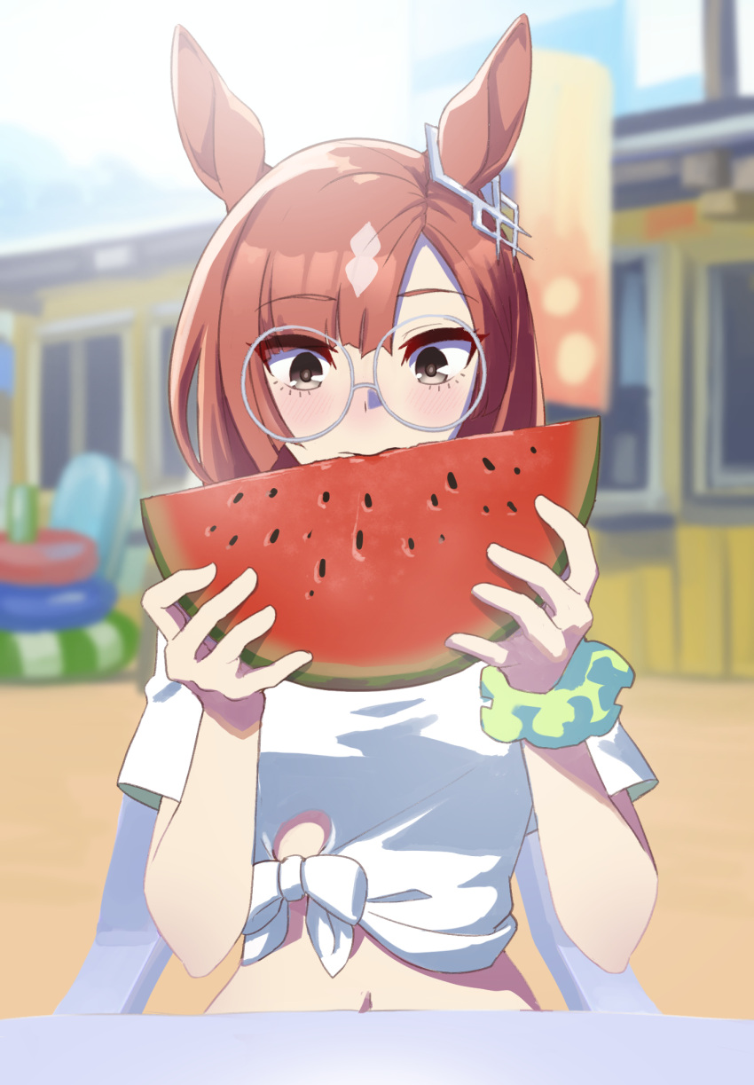 1girl animal_ears biting blurry blurry_background blush breasts brown_eyes brown_hair chair food fruit gaze_on_me!_outfit_(umamusume) glasses hands_up highres holding holding_food horse_ears ikuno_dictus_(umamusume) navel outdoors round_eyewear scrunchie shirt short_sleeves sinnra_art sitting small_breasts solo sunlight table tied_shirt umamusume upper_body watermelon wrist_scrunchie