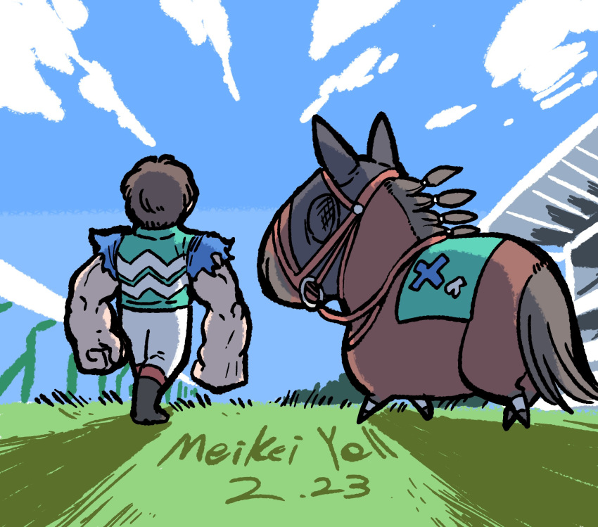 1boy alternate_muscle_size birthday black_footwear boots braid bridle brown_hair character_name chibi commentary_request dated ear_covers grass highres hood horse horse_racing_track ikezoe_ken'ichi long_arms meikei_yell_(racehorse) muscular muscular_male on_grass on_ground outdoors pants pants_tucked_in race_bib racing_colors real_life reins short_hair takatsuki_nato torn_clothes torn_sleeves translated walking white_pants