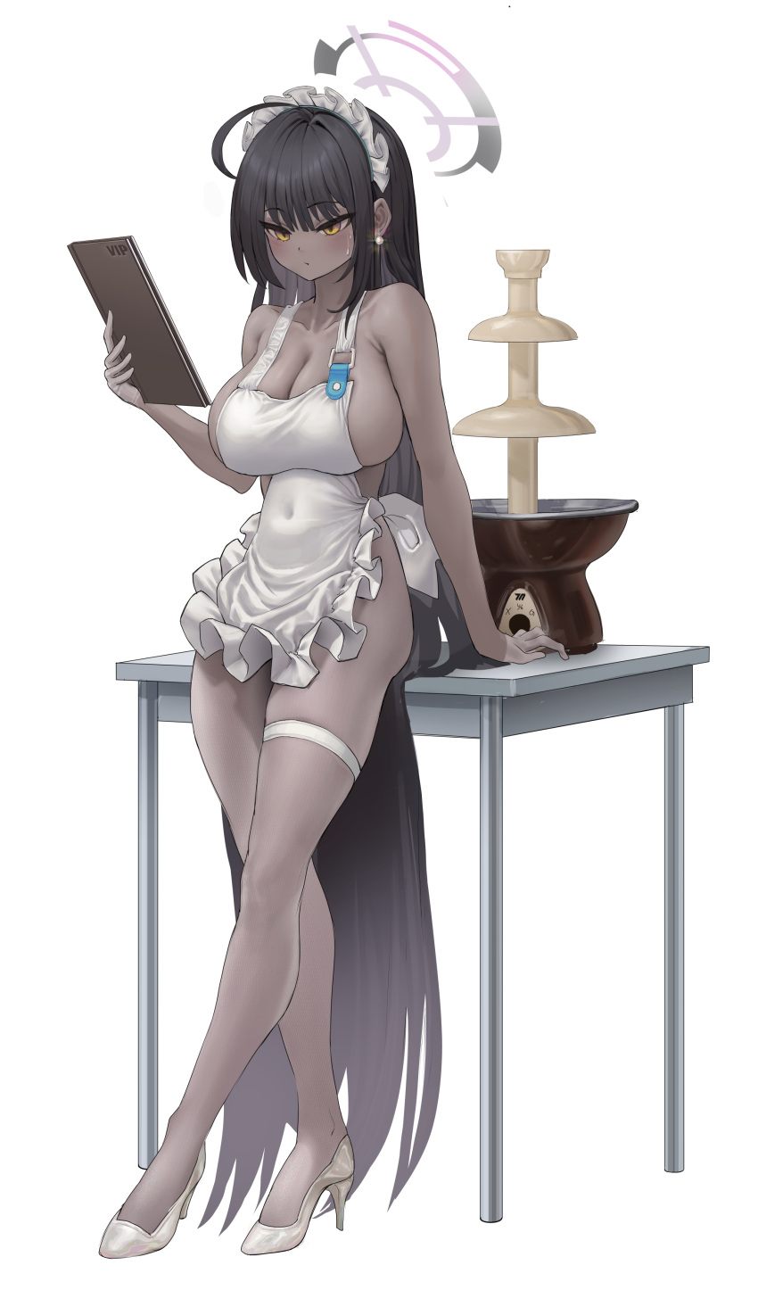 1girl absurdres apron b-pang black_hair blue_archive breasts cleavage dark-skinned_female dark_skin frilled_apron frills halo highres karin_(blue_archive) large_breasts long_hair looking_at_viewer maid maid_apron maid_headdress naked_apron solo thigh_strap white_apron yellow_eyes