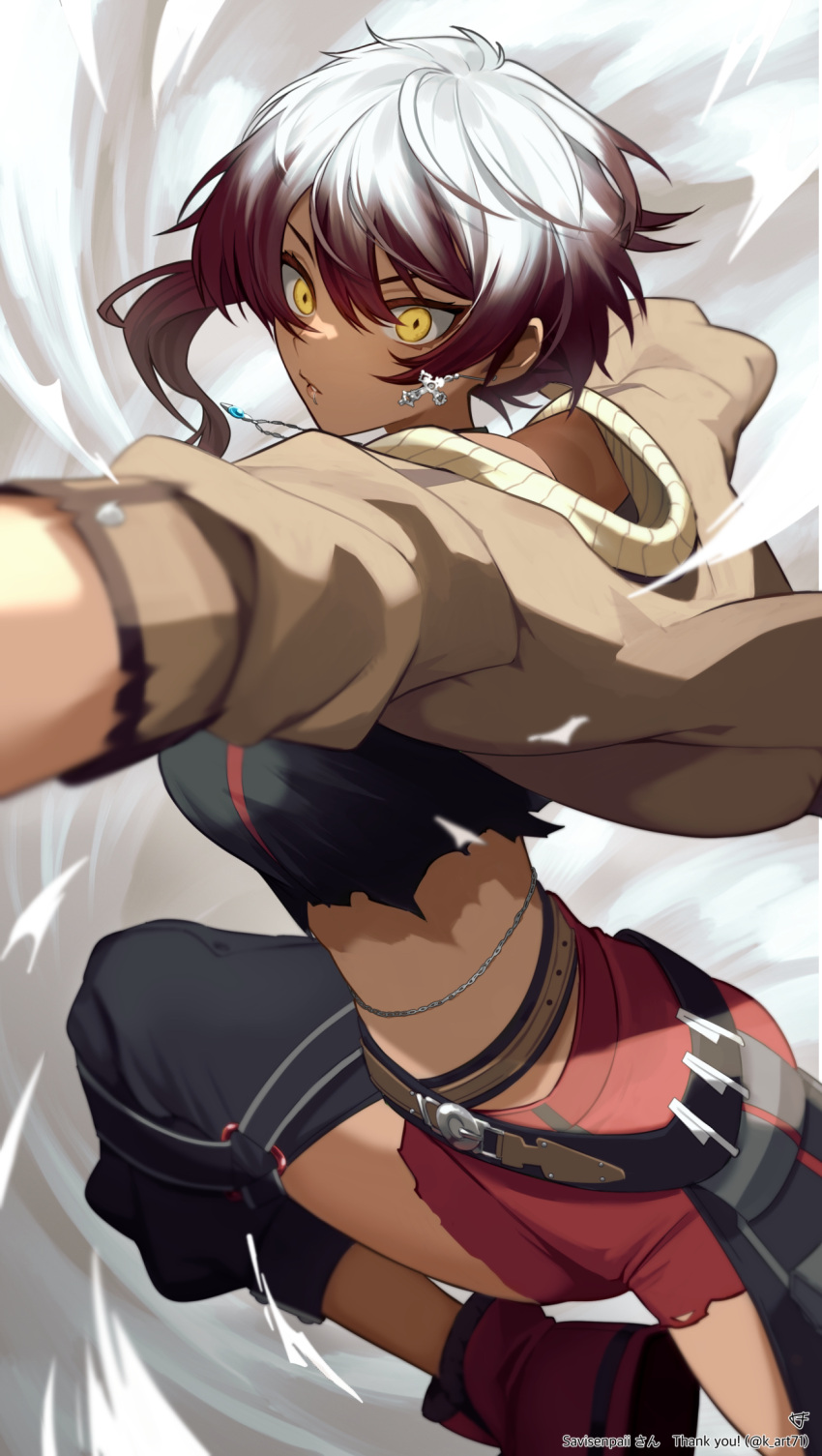 1girl belt black_shirt breasts brown_hair brown_jacket commission cross cross_earrings dark-skinned_female dark_skin earrings gradient_hair highres indie_virtual_youtuber jacket jewelry k_(art71) lip_piercing multicolored_hair necklace piercing red_footwear red_shorts savii_(vtuber) shirt short_hair shorts skeb_commission solo thank_you torn_clothes torn_shirt twitter_username virtual_youtuber white_hair yellow_eyes