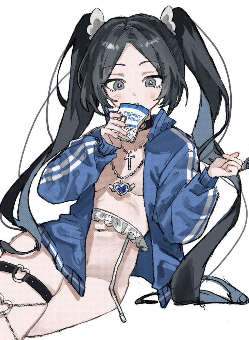 1girl black_hair blue_jacket blush bottomless breasts breasts_apart convenient_censoring cowboy_shot cross cross_necklace crossed_legs drink drinking energy_drink frilled_garter_belt garter_belt garter_straps grey_eyes heart heart_necklace heart_o-ring highres holding holding_drink inu_totemo jacket jewelry long_hair looking_at_viewer naked_jacket navel necklace o-ring o-ring_thigh_strap open_clothes open_jacket original simple_background small_breasts solo thigh_strap track_jacket twintails very_long_hair white_background winged_heart