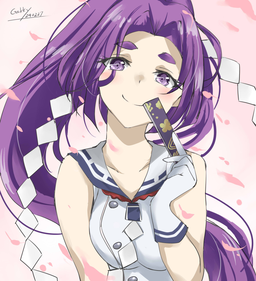 1girl dress folded_fan folding_fan gakky gloves hand_fan hatsuharu_(kancolle) highres hikimayu kantai_collection long_hair looking_at_viewer one-hour_drawing_challenge ponytail purple_eyes purple_hair sailor_dress shide short_eyebrows sleeveless sleeveless_dress smile solo upper_body white_dress white_gloves