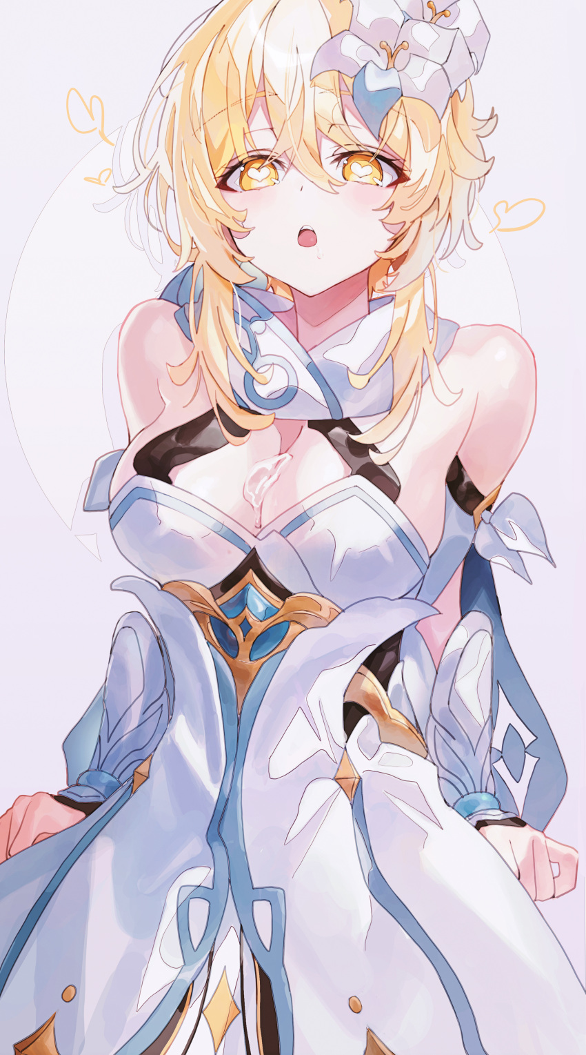 1girl :o absurdres arms_at_sides bare_shoulders blonde_hair blush breasts cape cleavage commentary cowboy_shot detached_sleeves dot_nose dress flower genshin_impact hair_flower hair_ornament heart heart-shaped_pupils highres indol large_breasts long_sleeves looking_at_viewer lumine_(genshin_impact) open_mouth short_hair_with_long_locks sidelocks simple_background sleeveless sleeveless_dress solo suggestive_fluid symbol-shaped_pupils teeth upper_teeth_only white_background white_cape white_dress white_flower white_sleeves yellow_eyes