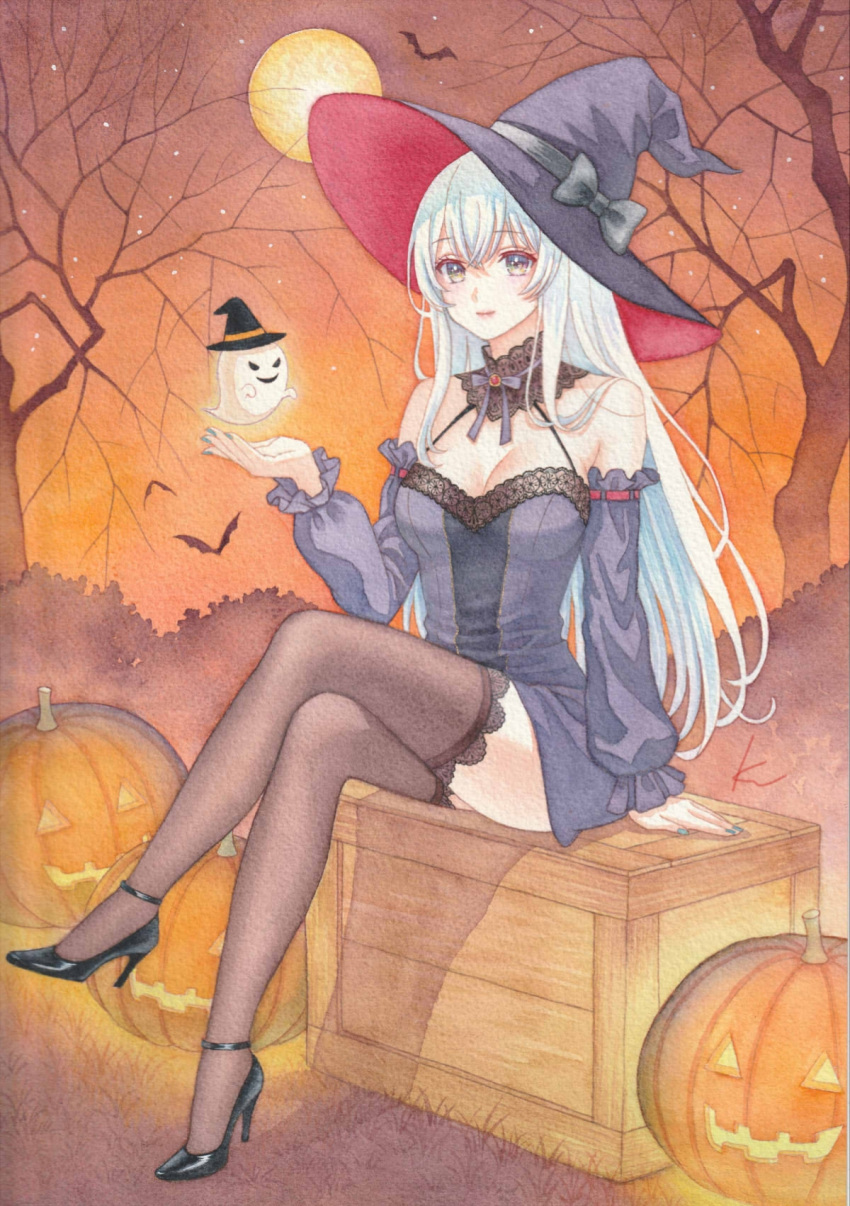 1girl bare_tree bat_(animal) blue_eyes bow breasts cleavage crate detached_sleeves dress full_moon ghost halloween hat hat_bow high_heels highres jack-o'-lantern k.nishiyama lace-trimmed_legwear lace_trim long_hair long_sleeves looking_at_viewer moon nail_polish original outdoors painting_(medium) pumpkin sitting solo thighhighs traditional_media tree very_long_hair watercolor_(medium) white_hair witch witch_hat