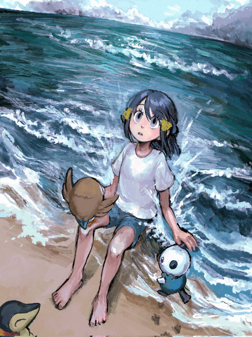 akari_(pokemon) barefoot beach blue_eyes blue_pants cloud cloudy_sky cyndaquil highres ocean open_mouth oshawott pants pokemon pokemon_(creature) pokemon_legends:_arceus rowlet shirt shorts sky waves white_shirt wrozzii