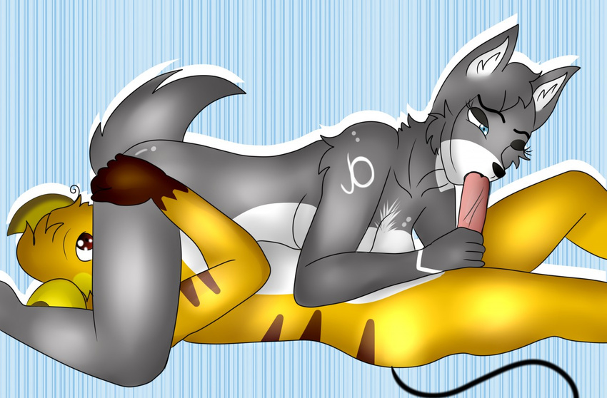 69_position alpha anthro anthrofied canine katyrawrz mammal nintendo oral pok&eacute;mon pok&eacute;mon_(species) pok&eacute;morph raichu sex video_games wolf zarro