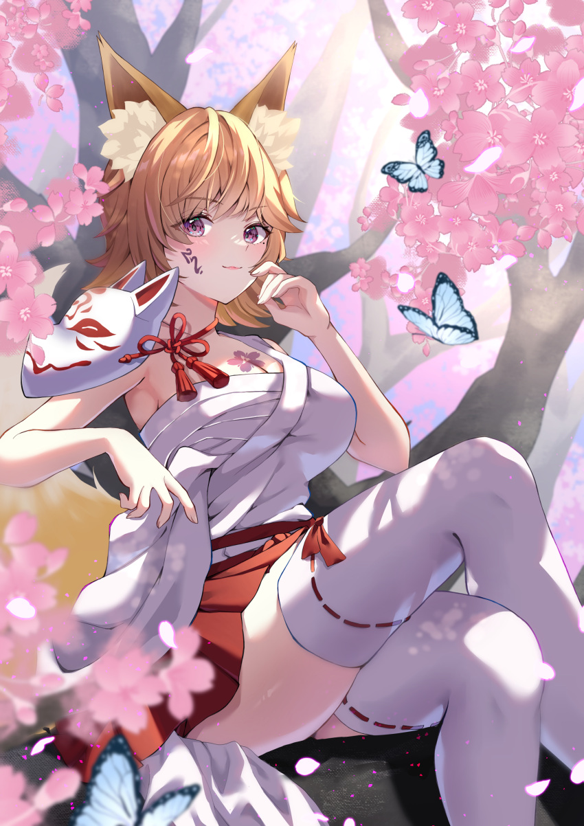 1girl absurdres animal_ear_fluff animal_ears bandages blonde_hair breasts cherry_blossoms chest_sarashi commentary_request commission facial_mark feet_out_of_frame fox_ears hand_up highres japanese_clothes kimono large_breasts looking_at_viewer medium_hair miniskirt original pleated_skirt purple_eyes red_skirt sarashi sitting skeb_commission skirt solo thighhighs thighs wanatsu_15 white_kimono white_thighhighs