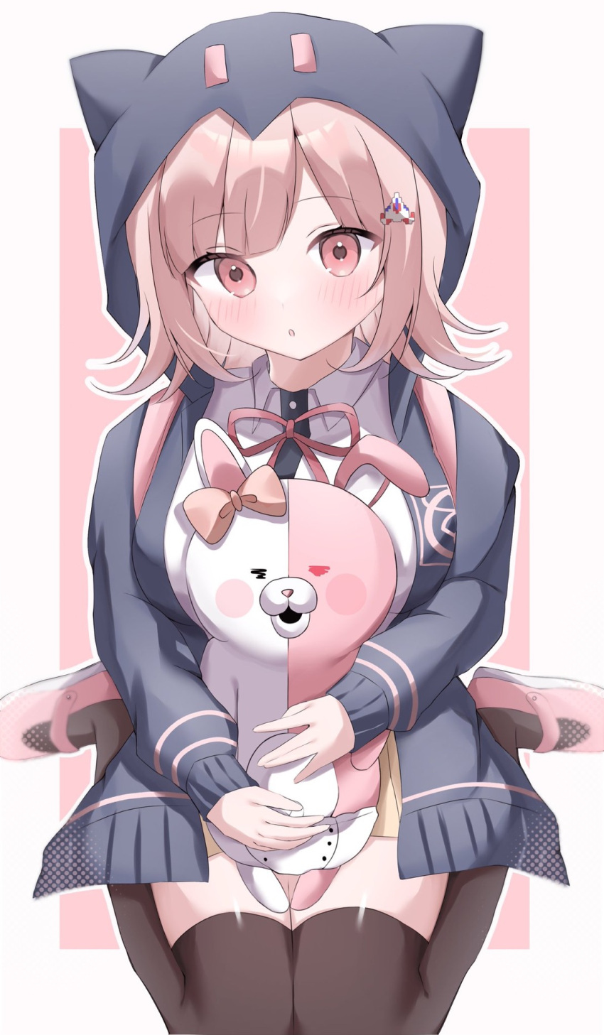 1girl :o animal_ears blush bow breasts brown_hair brown_thighhighs collared_shirt danganronpa_(series) danganronpa_2:_goodbye_despair diaper ear_bow fake_animal_ears flipped_hair galaga hair_ornament highres holding hood hood_up jacket long_sleeves looking_at_viewer medium_hair monomi_(danganronpa) nanami_chiaki neck_ribbon peko_taro pink_background pink_eyes ribbon seiza shirt sitting skirt solo thighhighs white_background white_shirt