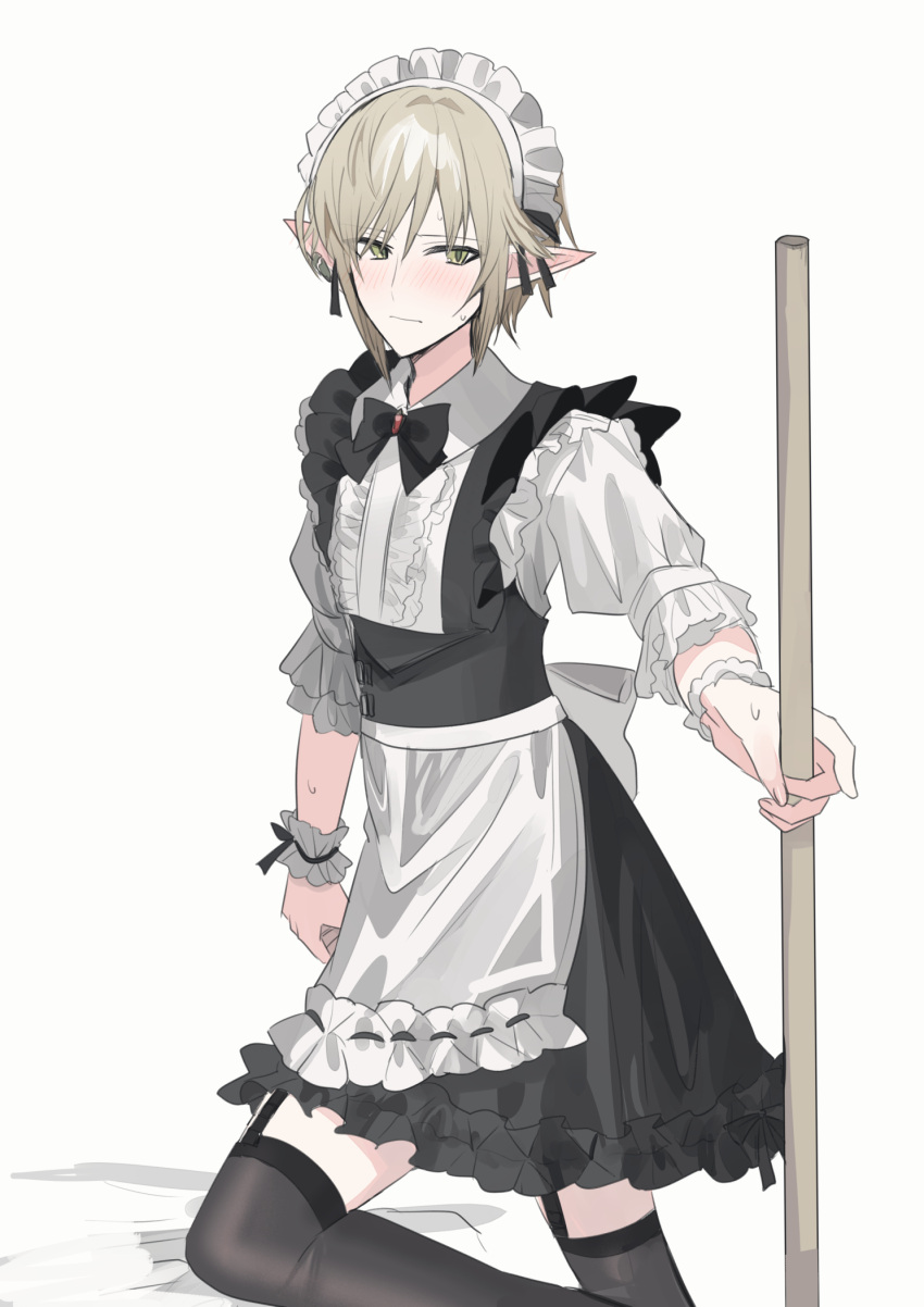 1boy alternate_costume apron black_skirt black_thighhighs blush brown_hair center_frills chihuri closed_mouth collared_shirt crossdressing enmaided final_fantasy final_fantasy_xiv frilled_apron frills garter_straps green_eyes hair_between_eyes highres holding looking_at_viewer maid maid_headdress male_focus on_one_knee pointy_ears puffy_short_sleeves puffy_sleeves shirt short_sleeves simple_background skirt solo sweat thighhighs waist_apron white_apron white_background white_shirt wrist_cuffs zephirin_de_valhourdin
