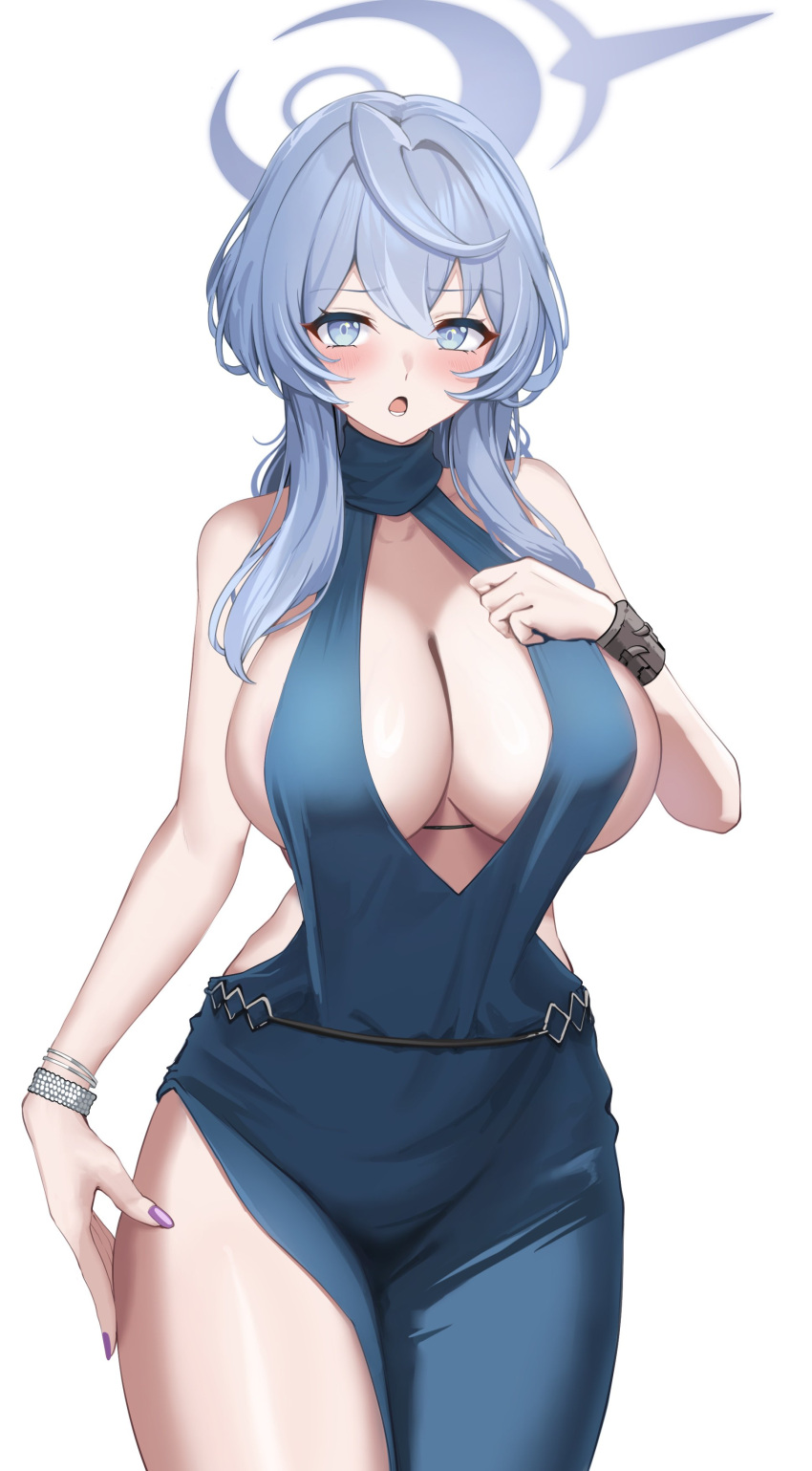 1girl absurdres ako_(blue_archive) bare_shoulders blue_archive blue_dress blue_eyes blue_hair blue_halo blush bracelet breasts cleavage commentary dress fingernails halo highres hogemi jewelry large_breasts looking_at_viewer medium_hair nail_polish official_alternate_costume open_mouth plunging_neckline purple_nails side_slit sideboob sideless_dress sideless_outfit simple_background solo white_background