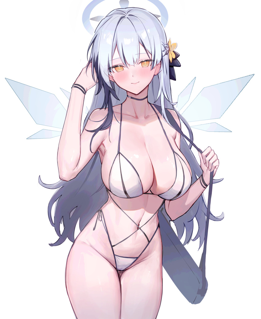 1girl absurdres armpits bag bare_arms bare_shoulders bikini black_choker black_hair blush braid breasts choker cleavage closed_mouth collarbone commission cowboy_shot crystal_wings groin hair_ornament halo halterneck hands_up highleg highleg_bikini highres large_breasts long_hair looking_at_viewer lysh multi-strapped_bikini_bottom multicolored_hair navel original pixiv_commission shoulder_bag side-tie_bikini_bottom smile solo standing stomach streaked_hair string_bikini swimsuit symbol-shaped_pupils thighs two-tone_hair very_long_hair white_bikini white_hair wristband yellow_eyes