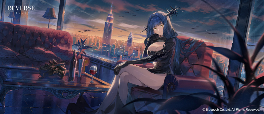 1girl alcohol arcana_(reverse:1999) bare_legs bird black_dress black_gloves black_mask blue_hair blue_sky blurry blurry_foreground bottle breasts building city city_lights cityscape cleavage cleavage_cutout closed_mouth clothing_cutout cloud copyright_name copyright_notice couch crossed_legs cup cushion dress drinking_glass elbow_gloves elbow_rest feet_out_of_frame floor_lamp glass gloves guest_art hair_intakes hand_on_own_cheek hand_on_own_face hand_on_own_knee head_rest highres kurohal large_breasts light_smile logo long_dress long_hair long_sleeves looking_at_viewer mask on_couch plant reverse:1999 side_slit sitting sky skyline skyscraper solo table tile_floor tiles unworn_mask vase wand_in_head window wine wine_bottle wine_glass yellow_eyes