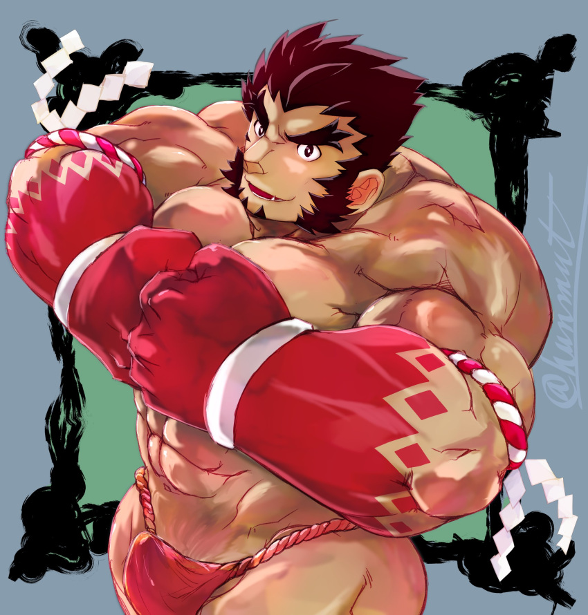 1boy abs bara bulge clenched_hands colored_skin cowboy_shot erection erection_under_clothes facial_hair fist_bump forearms forked_eyebrows fundoshi goatee gradient_skin hachimaki headband highres inset_border japanese_clothes large_hands large_pectorals long_sideburns looking_at_viewer male_focus mature_male muscular muscular_male mutton_chops nejiri_hachimaki pectorals red_fundoshi red_skin short_hair sideburns smile solo standing strongman_waist tajikarao_(housamo) tatsumonji_yukara thick_arms thick_eyebrows thick_thighs thighs tokyo_afterschool_summoners topless_male tusks